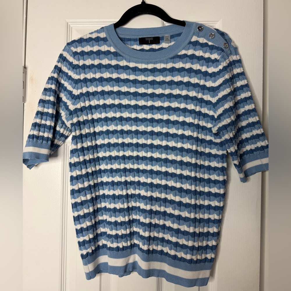 Tahari Light Blue & White Striped Knit Top